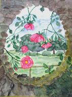 painting the form of roses behind a stone wall