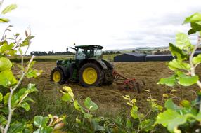 Tractor, with yellow wheels, on the colorful and beautiful field on the farm, at cloudy sky on background