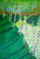 Beautiful painting of the white and black birch trees among the green plants and flowers