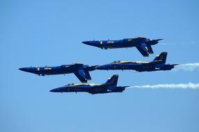 Flying "Blue Angels" airplanes with white trace, at blue sky