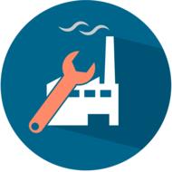 Orange, white, blue and grey, round icon with the tool and factory with smog, clipart