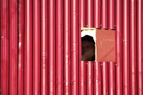 Construction working, looking through the red fence, with the window