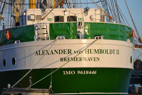 Green and white ship of Alexander Von Humboldt in the port of Wilhelmshaven, Germany