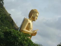 Beautiful, shiny, gold sculpture of Buddha, among the green trees, under the cloudy sky