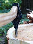 ax on a log close-up on a blurred background
