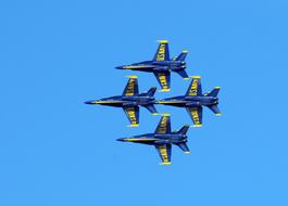 Beautiful, flying, Blue Angels in the blue sky, on the airshow