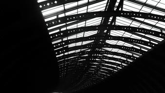 Black and white photo of the construction with the iron roof, with the glass, with light