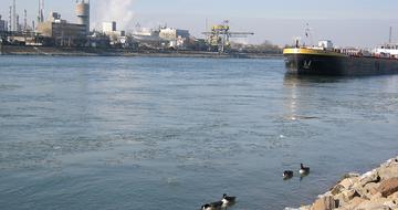 the ship sails along the river Rhine past industrial plants