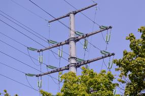 power lines, trees, blue sky