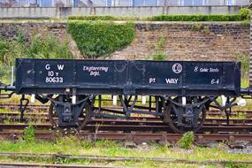 black carriage on rails in an industrial area