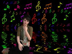 pretty young girl posing at colorful background with musical notes