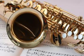 saxophone lies on a music notebook
