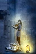 girl plays on a strip at night on the street