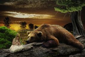 Girl in white dress, near the beautiful and cute, laying, brown bear on the wood, among the green trees, at colorful sunset