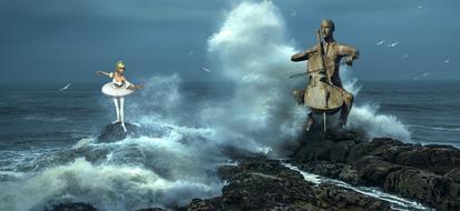 surreal depiction of a ballerina and a cellist on the shores of a stormy sea