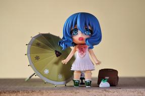 blue hair doll near umbrella, anime character