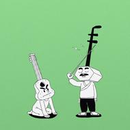 cartoon musical instruments on green background