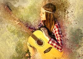 hippie, Girl with guitar, digital art