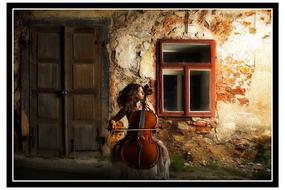 girl plays the cello on the background of the destroyed house