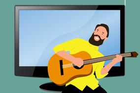 cartoon man plays guitar at monitor