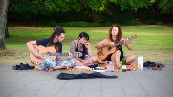 young people with guitars at picnic