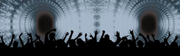silhouette of a crowd of people on the background of sound waves