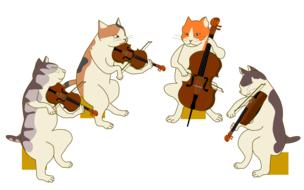 Quarter of the colorful, beautiful and cute cats, playing on the violins, clipart