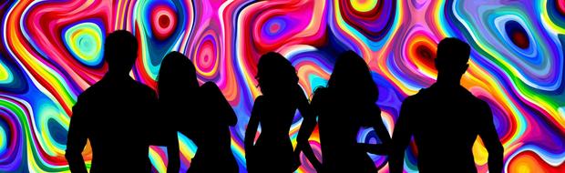 silhouettes of people at a party as a colorful illustration