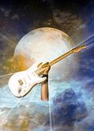 Hand with the guitar at colorful background with the planet and clouds