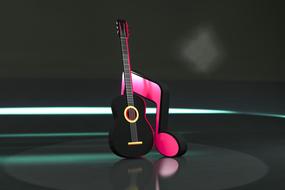 digital image of black guitar and pink note