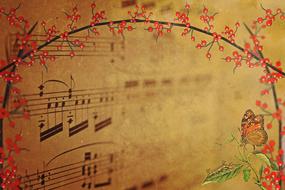 Beautiful drawing of the plant with the red berries on the branch and colorful, and beautiful, patterned butterfly and vintage music sheet with the notes