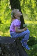 a girl with flowers in her hands sits on a tree stump