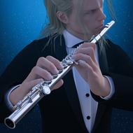 Blonde man in suit, playing on the flute, clipart