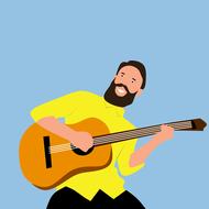 Drawing bearded musician with the guitar on blue background