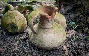 old clay pots on the ground in the garden