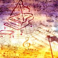 Beautiful and colorful design with musical instruments and notes on the music sheet