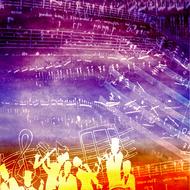 People silhouettes, at beautiful and colorful background with music notes