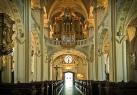 organ and wood benches in the chapel in Dusseldorf