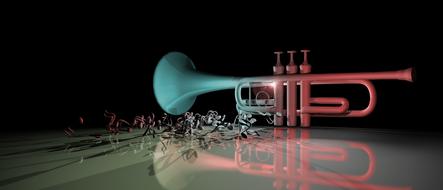 trumpet in colorful light on mirroring surface at darkness