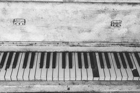 Black and white photo with the white and black keys of the old piano
