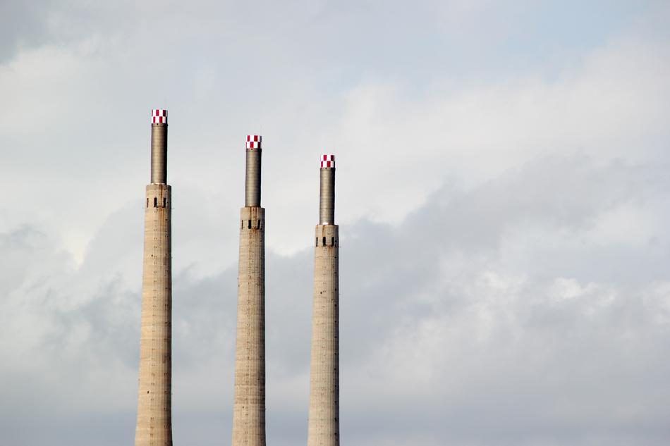 three chimneys of Old thermal power station of the Besos river, spain, barcelona