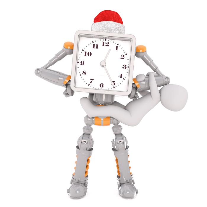 white male figure on robot clock