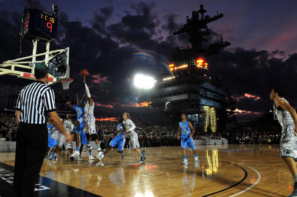 The crew on the ship playing basketball