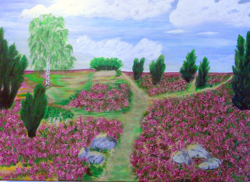 Beautiful and colorful painting of Heide, with the the lanes, among the colorful plants, under the blue sky, with white clouds