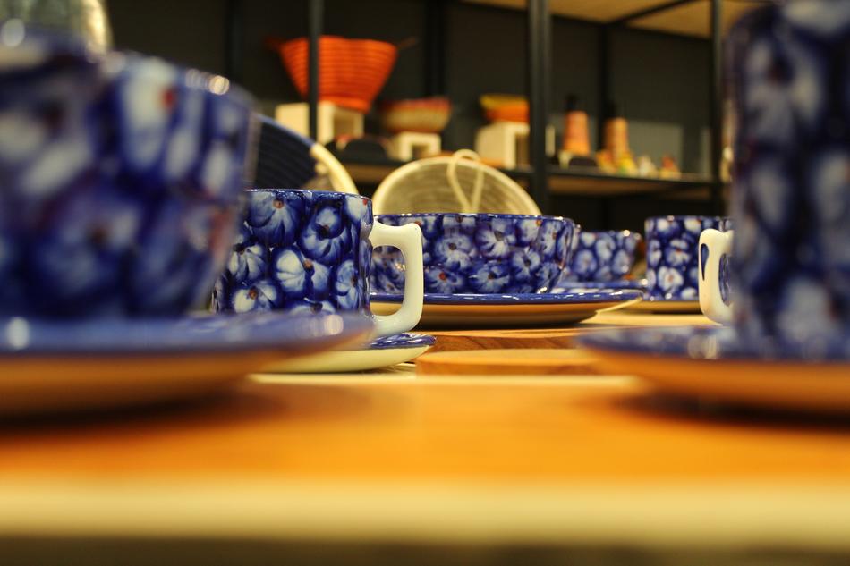 blue white crockery set on table