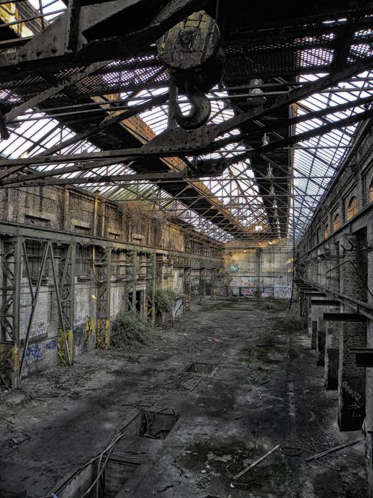 Landscape of the old industrial hall in Cologne, Germany, under the sky