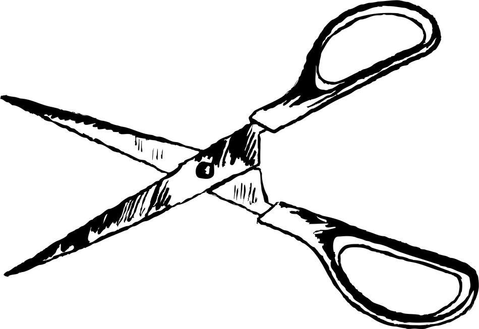 Black and white drawing of the scissors, at white background, on clipart