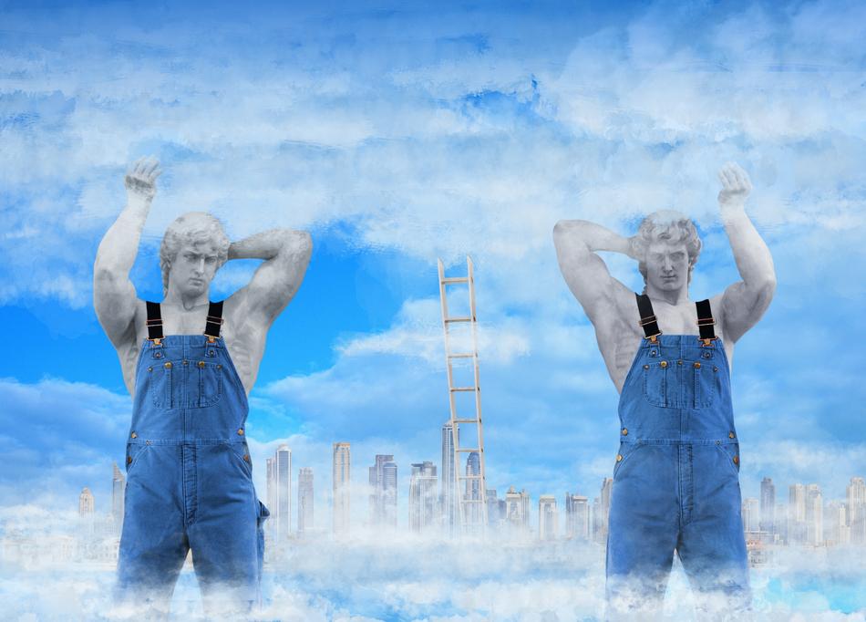 two atlants holding sky over city