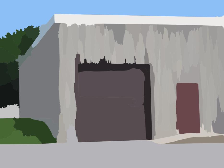 Drawing of the grey garage and warehouse, near the green plants, on clipart