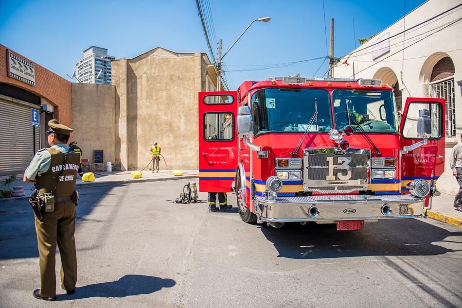 Fire Truck with open doors in old city